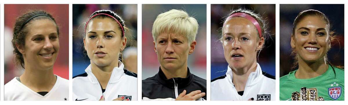 World Cup-winning national women's team soccer players Carli Lloyd, left, Alex Morgan, Megan Rapinoe, Becky Sauerbrunn and Hope Solo. All five have accused the U.S. Soccer Federation of wage discrimination﻿ for paying women significantly less than male players.