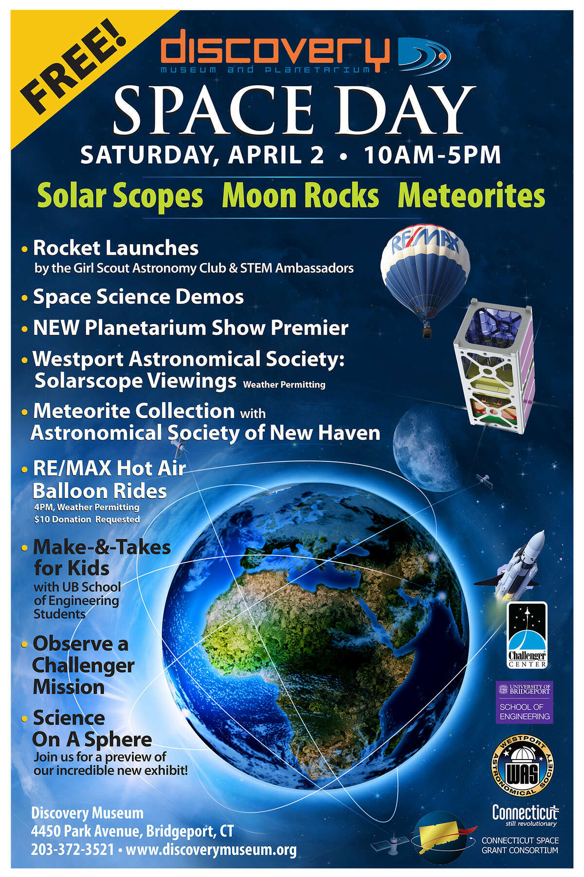 The poster for the space event on Saturday, April 2, 2016, at the Discovery Museum in Bridgeport, Connecticut.