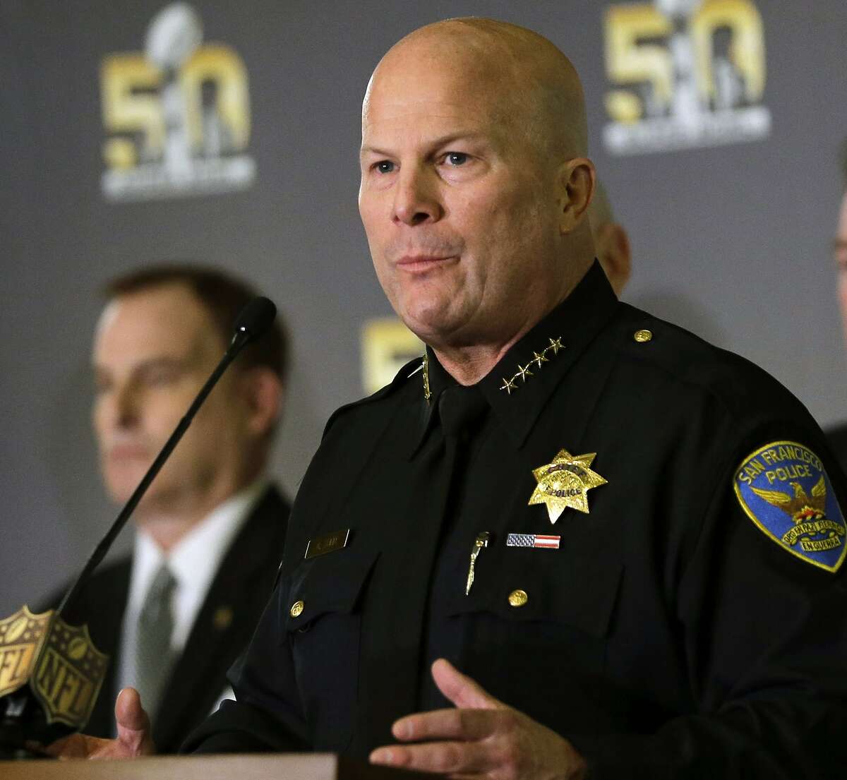 FILE - This Feb. 3, 2016 file photo San Francisco Police Chief Greg Suhr speaks during a news conference in San Francisco. Additional San Francisco police officers have been accused of exchanging racist and homophobic text messages, following a scandal that implicated 14 officers in a department now under federal review. (AP Photo/David J. Phillip,File)