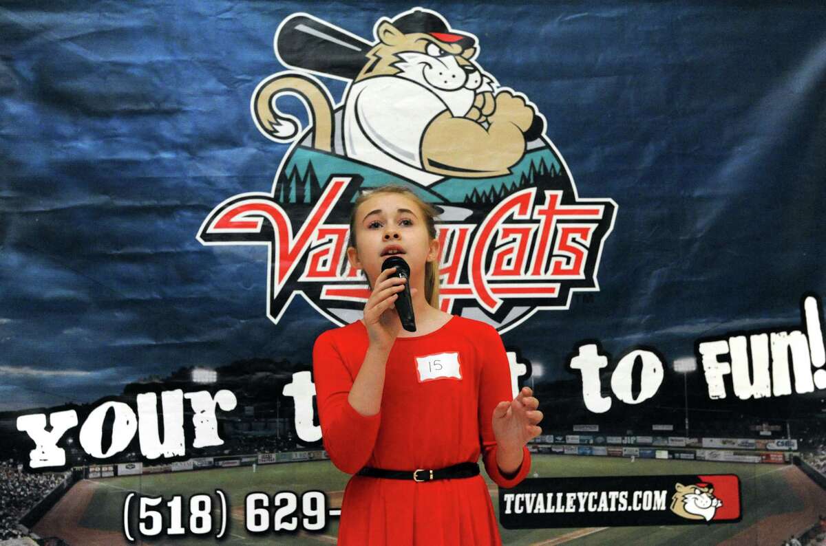 Eleven-year-old Madelyn Terry of Colonie performs her rendition during the Tri-City ValleyCats 6th Annual National Anthem tryouts at Crossgates Mall on Friday April 1, 2016 in Albany, N.Y. (Michael P. Farrell/Times Union)
