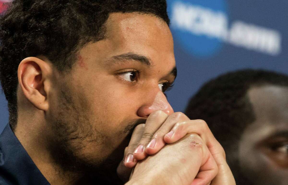 Villanova guard Josh Hart listens to questions during a news conference before the NCAA basketball championship at NRG Stadium on Sunday, April 3, 2016, in Houston.