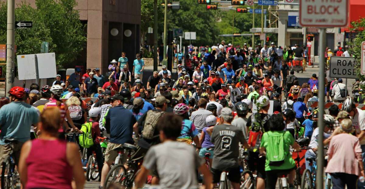 The crowd during the 10th scolova is taking place in downtown San Antonio. This free event turns city streets into a safe place for people to exercise and play when they become car-free from 11 a.m. to 3 p.m on Sunday,April 3, 2016.