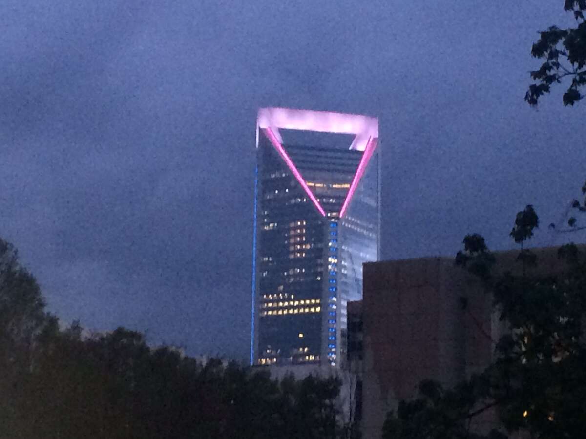 On International Transgender Day of Visibility rally in Charlotte, N.C., on March 31, 2016, Wells Fargo lit up the 54-story Duke Energy Center in the colors of the transgender flag.