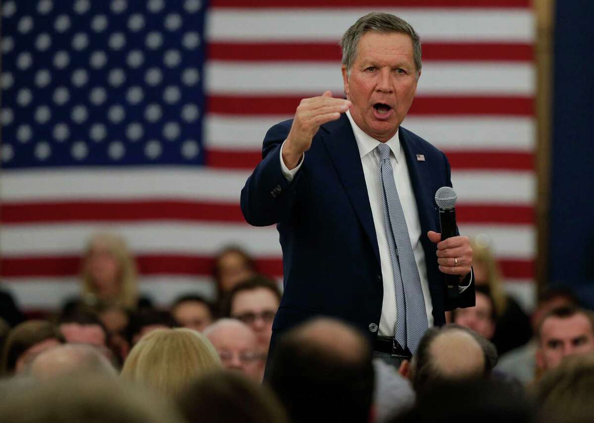 Republican presidential candidate Ohio Gov. John Kasich speaks during a campaign stop at Hofstra University in Hempstead, N.Y., in early April. He is scheduled to hold a town hall meeting Friday at Sacred Heart University.