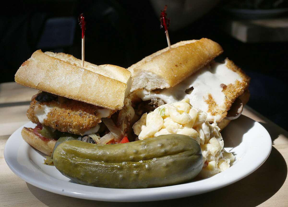 A fried mozzarella and meatball sandwich served at the new vegan butchery and restaurant Butcher's Son in Berkeley, California on thursday, march 31, 2016.
