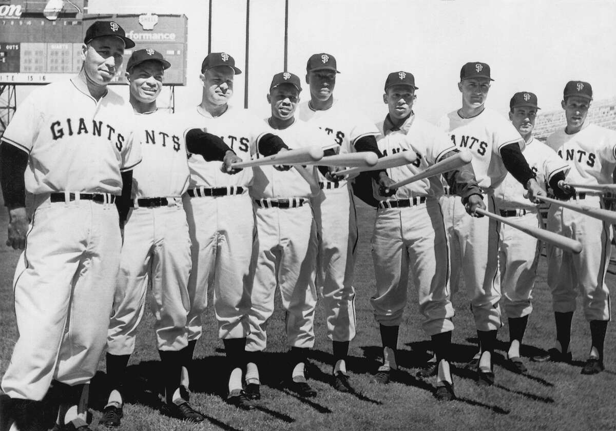 The San Francisco Giants baseball team starting lineup for the 1961 season opener. L-R: Sam Jones, Felipe Alou, Harvey Kuenn, Willie Mays, Willie McCovey, Orlando Cepeda, Tom Haller, Charlie Hiller and Eddie Bressoud. San Francisco, April 10, 1961.