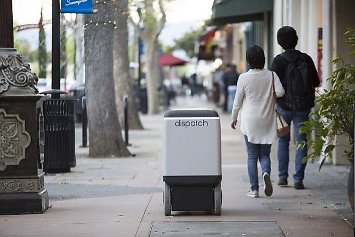 Robot delivery system "Carry," an autonomous driving vehicle created by South San Francisco startup Dispatch, is currently being tested on the campus of Menlo College.