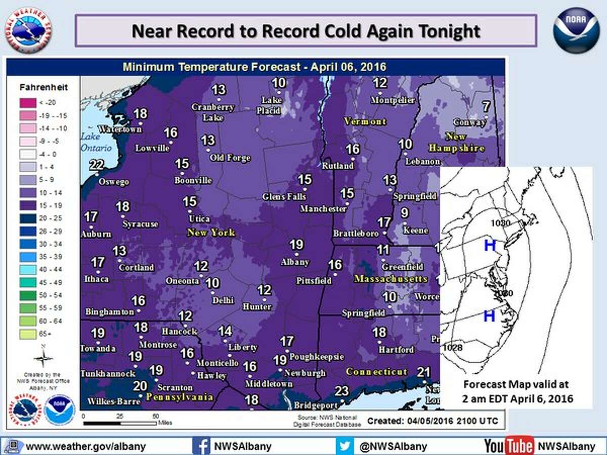 Wednesday's Capital Region low temperatures hit near-records. The record low temperature for April 6 in Albany is 14 degrees in 1943 and for Glens Falls, 13 degrees in 1995, the National Weather Service said. (National Weather Service)
