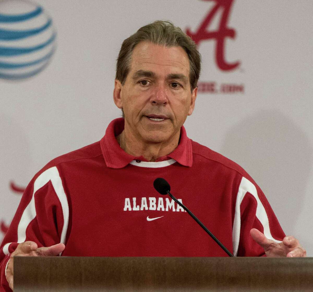Alabama coach Nick Saban speaks about spring practice during an NCAA college football, Friday, March 11, 2016, at the Mal Moore Athletic Facility in Tuscaloosa, Ala. (Vasha Hunt/AL.com via AP) MAGS OUT; MANDATORY CREDIT