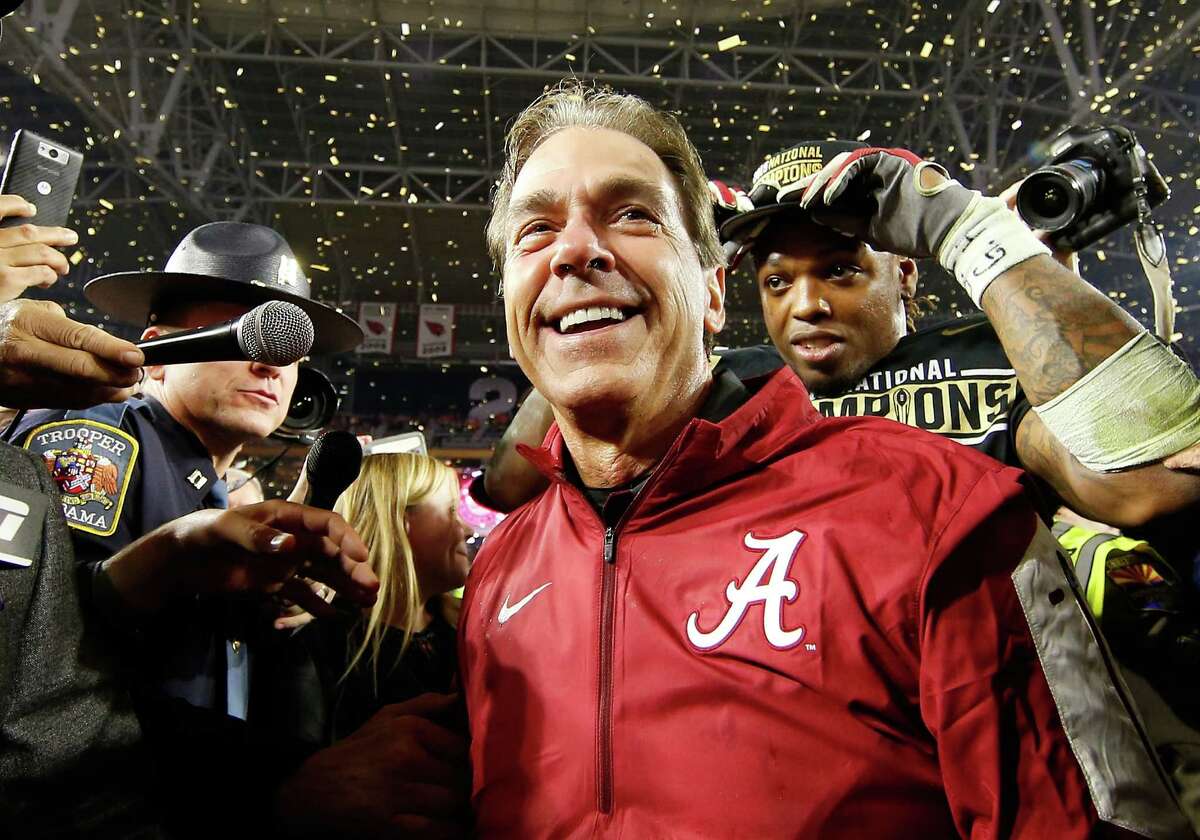 GLENDALE, AZ - JANUARY 11: Head coach Nick Saban of the Alabama Crimson Tide celebrates after defeating the Clemson Tigers in the 2016 College Football Playoff National Championship Game at University of Phoenix Stadium on January 11, 2016 in Glendale, Arizona. The Crimson Tide defeated the Tigers with a score of 45 to 40.