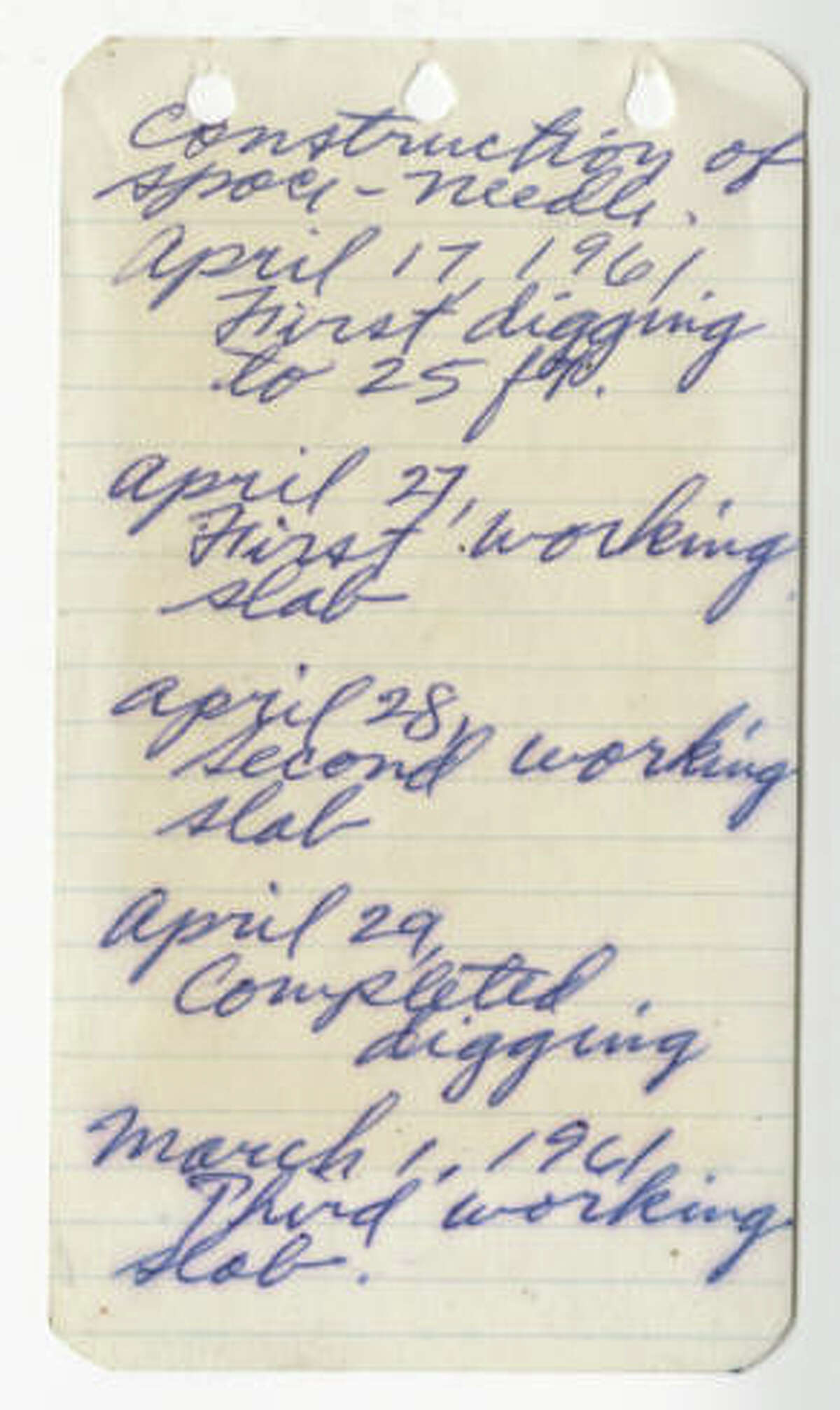 This image shows the first page of a notebook kept by George Gulacsik, who was hired by John Graham to photograph the construction of the Space Needle.