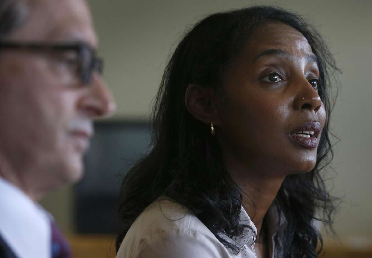 Tyann Sorrell, who was executive assistant to former UC Berkeley Law School Dean Sujit Choudhry, comments on a sexual harassment lawsuit she filed against the university and Choudry, during a news conference in Oakland on Wednesday, April 6, 2016.