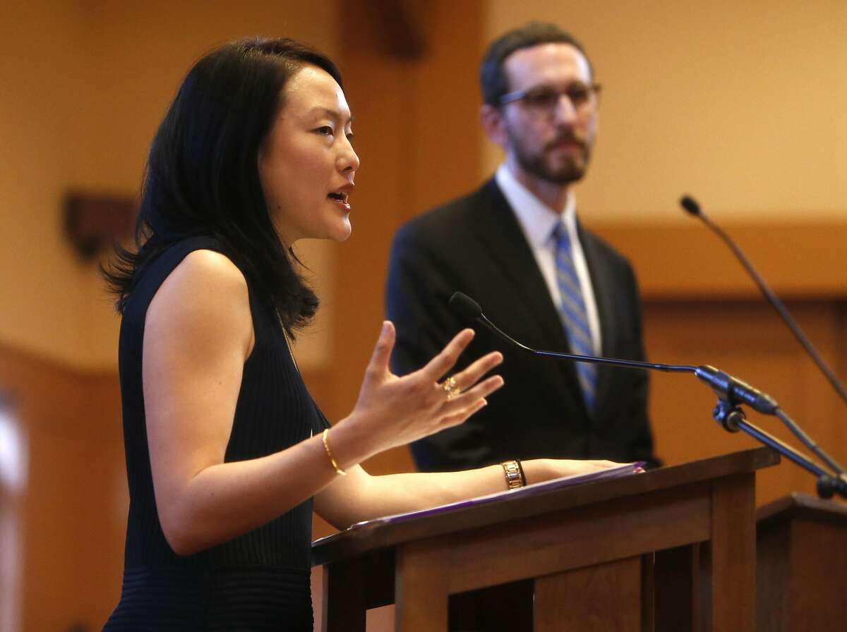 Jane Kim speaks during her District 11 State Senatorial debate with Scott Wiener at Congregation Sha'ar Zahav in San Francisco, Calif., on Wednesday, April 6, 2016.