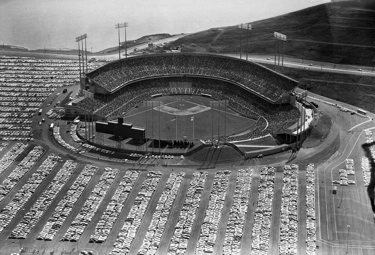 Opening day at Candlestick Park is seen in this aerial view on April 12, 1960, in San Francisco, Calif. 42,269 attended as the Giants beat the Cardinals 3-1.