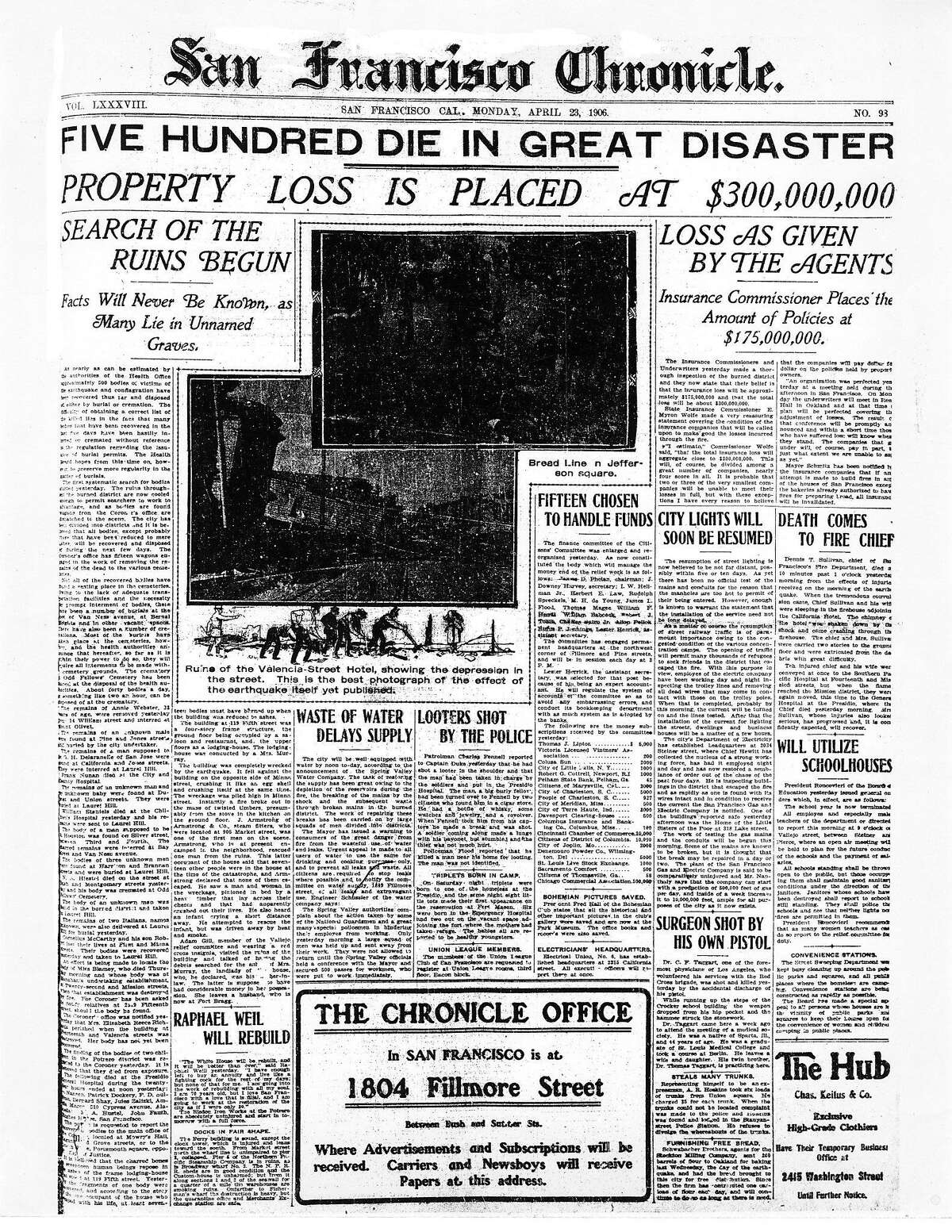 FRONT PAGE OF APRIL 23, 1906 paper .. assassing the damage and loss to the city.