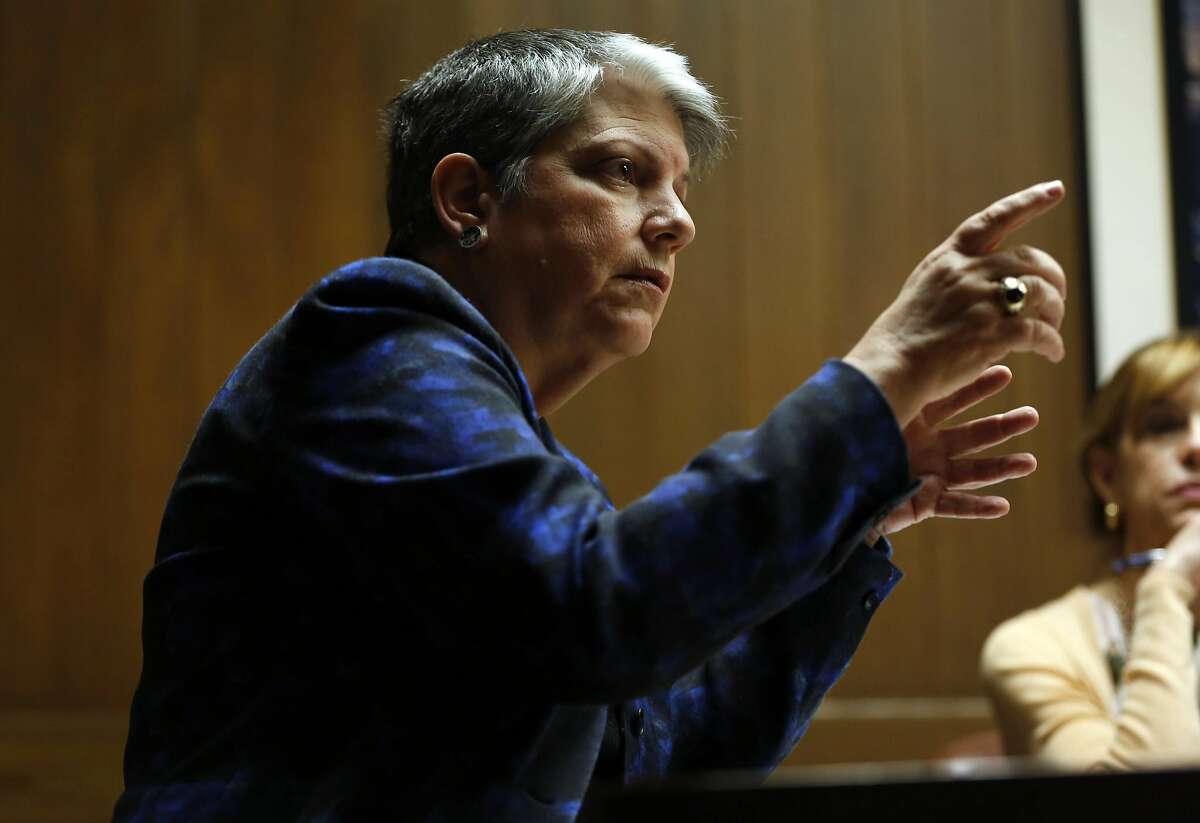 University of California President Janet Napolitano speaks to journalists from the San Francisco Chronicle at the Chronicle's office in San Francisco, California, on Thursday, April 7, 2016.