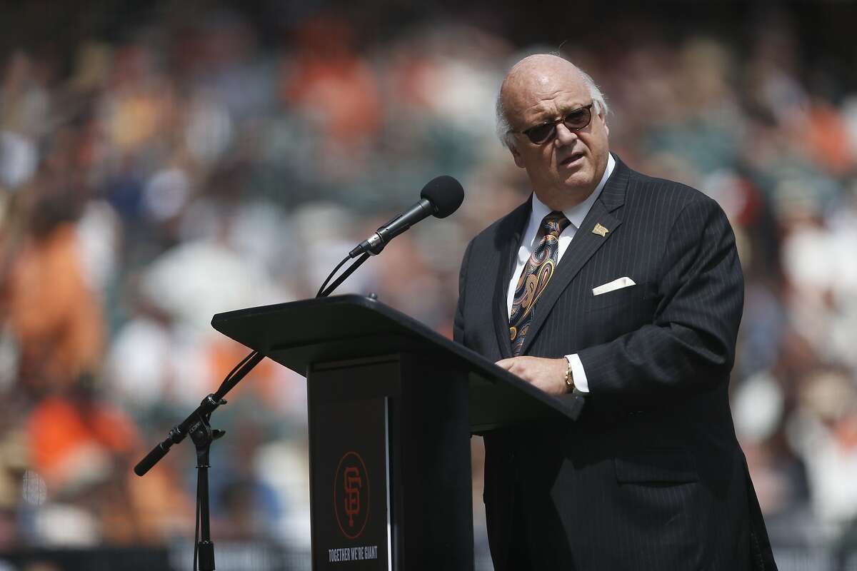 San Francisco Giants radio announcer Jon Miller introduces the team before the home opening game against the Los Angeles Dodgers on Thursday, April 7, 2016 in San Francisco, Calif.