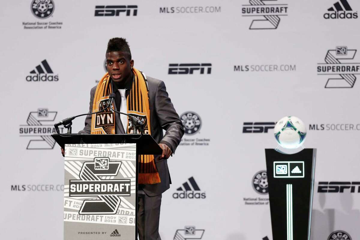Jason Johnson of Virginia Commonwealth speaks to the crowd after being selected by the Houston Dynamo as the 13th overall pick in the 2013 MLS SuperDraft on Jan. 17, 2013 in Indianapolis.