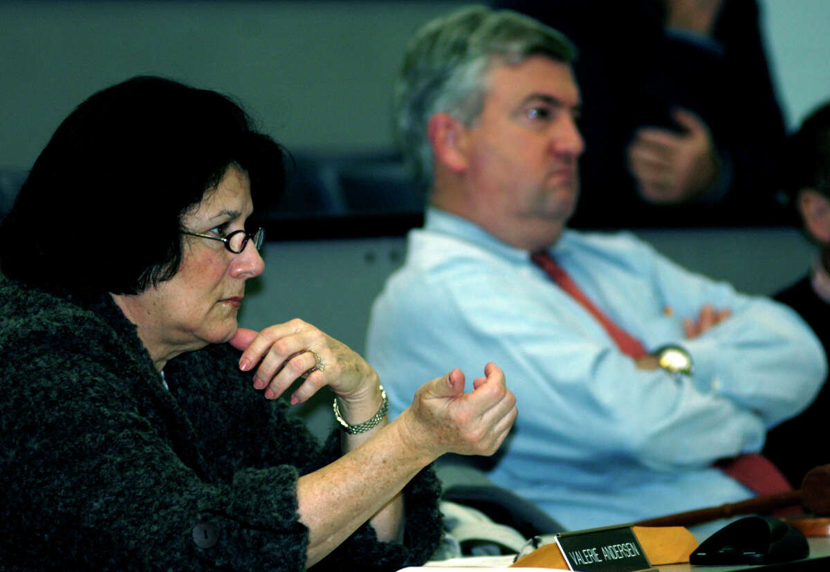 Region 12 Board of Education Finance Committee chairwomanValerie Andersen and board chairman James Hirschfeld during a budget hearing. File Photo.