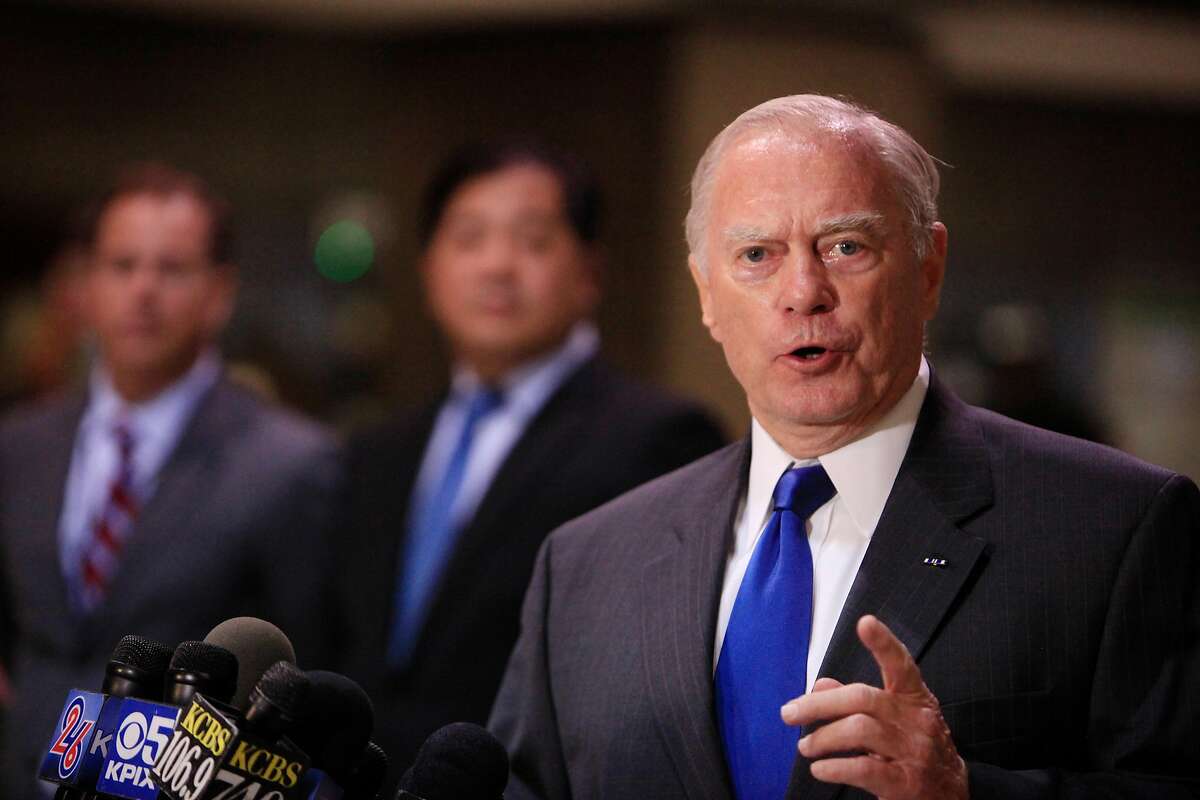 John McPartland (right), BART director, speaks during a press conference on BART's earthquake preparedness at the Embarcadero BART station on Monday, August 25, 2014 in San Francisco, Calif.