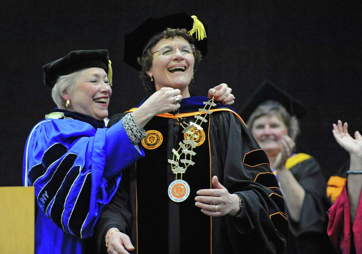 SUNY Chancellor Nancy Zimpher performs the investiture of Marion A. Terenzio as SUNY Cobleskill president on Friday April 8, 2016 in Cobleskill, N.Y. (Michael P. Farrell/Times Union)