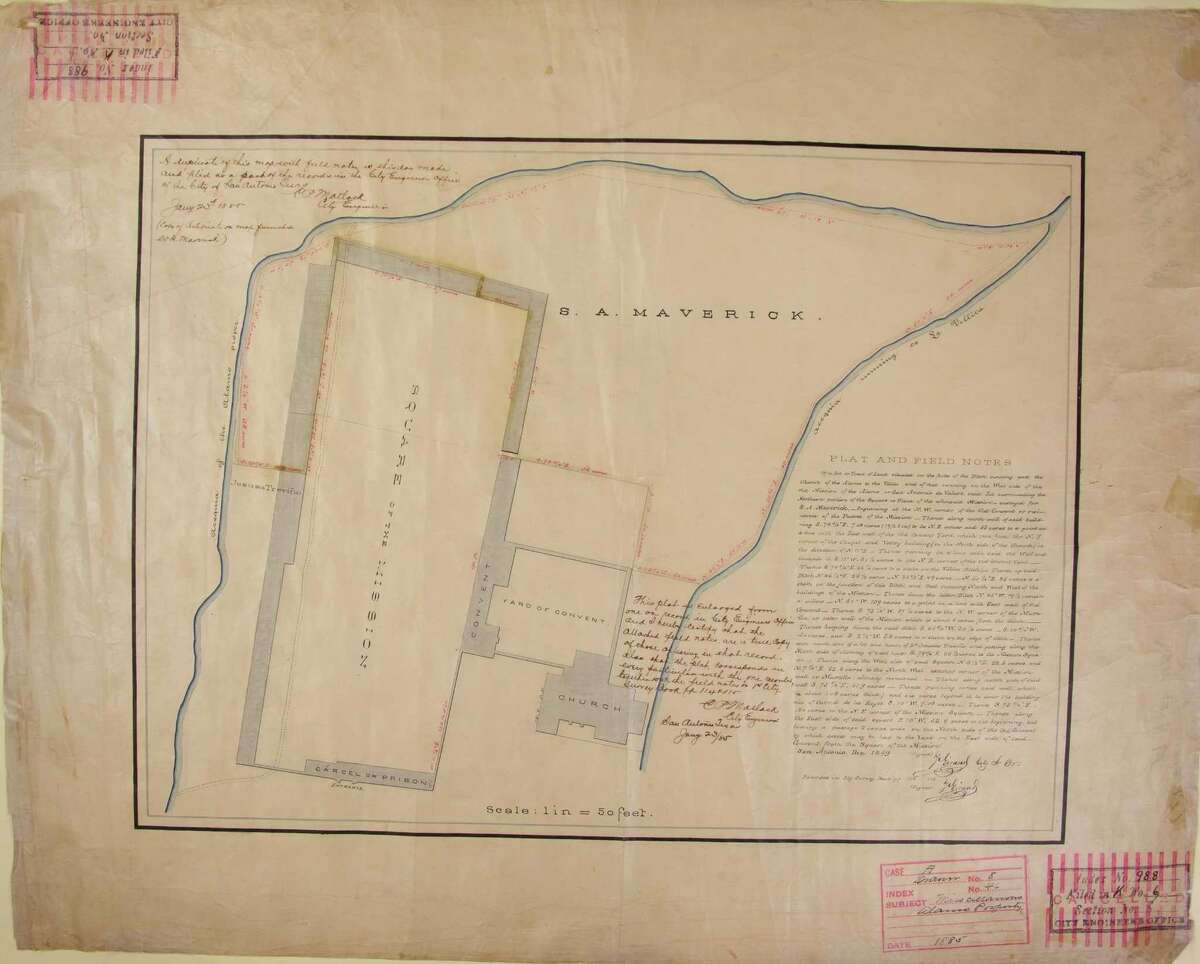 City officials recently found this 1849 plat map produced by Francois Giraud, the first city surveyor, with field notes that provide degrees, pitches, measurements and other details about the Alamo buildings and walls that remained standing or had been leveled shortly after the 1836 battle. COURTESY CITY CLERK'S OFFICE