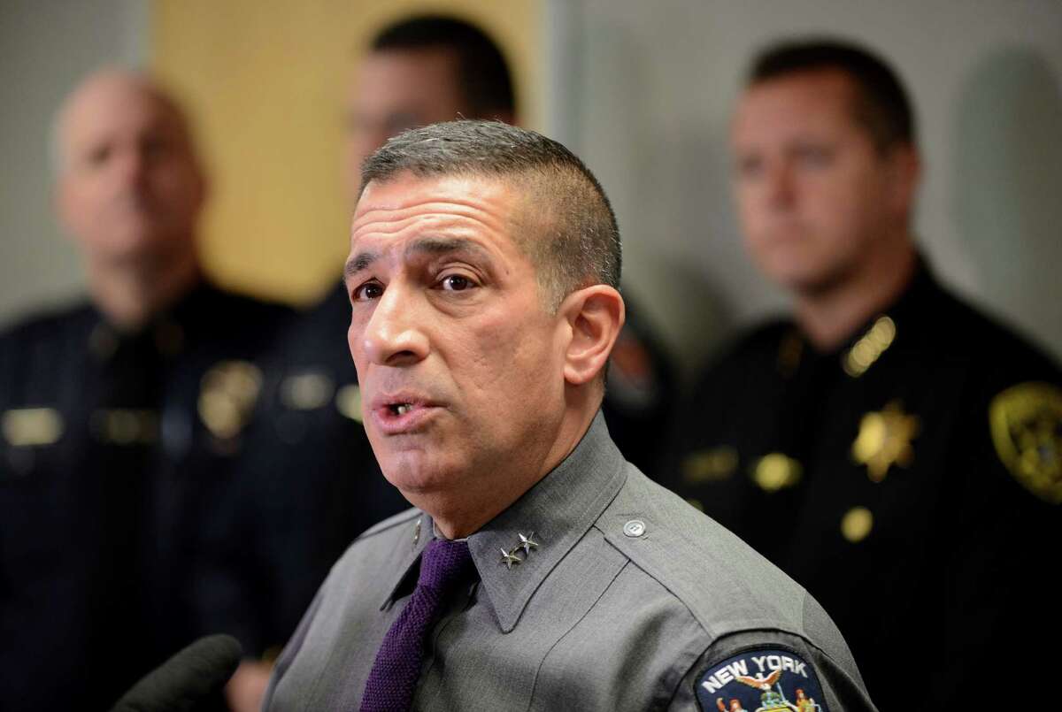 State Police Superintendent Joseph D?’Amico introduces the See Something, Send Something app, a new law enforcement smartphone app for reporting suspicious activity, Monday morning, Nov. 23, 2015, during a press conference at Albany International Airport in Colonie, N.Y. (Will Waldron/Times Union archive)