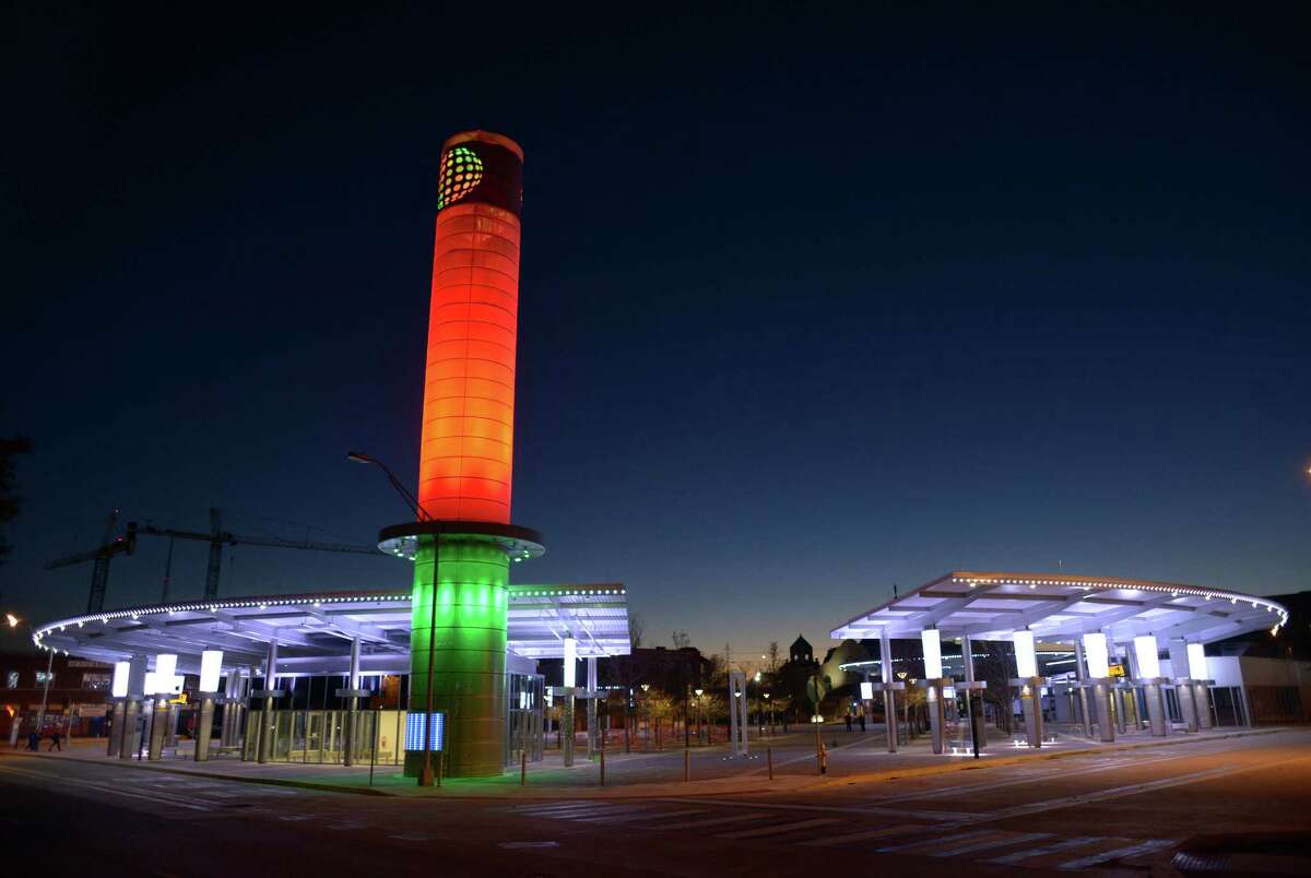 Artist Bill FitzGibbons piece called "Centro Chroma Tower" dominates the scene at VIA Centro Plaza, located at West Houston Street and Frio Street, on Thursday, Dec. 3, 2015.