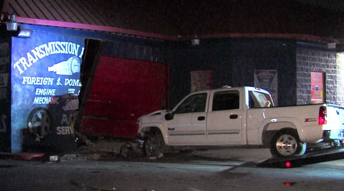 San Antonio police say the driver of a truck lost control of their vehicle about 3:15 a.m. Sunday, April 10, 2016, on the South Side, and rammed into the storefront of an auto repair business.
