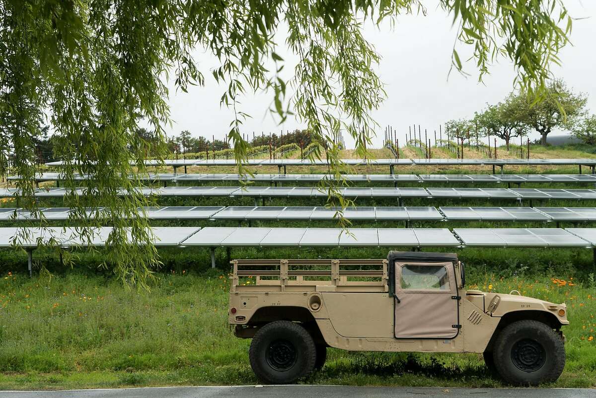 An old military vehicle is on display at Fogarty Winery in Woodside, Calif. on Friday, April 8, 2016. Fogarty Winery offers guests views of the valley.