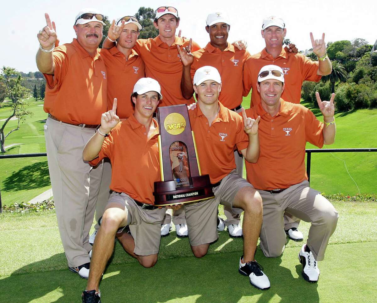 The University of Texas men's golf team celebrates their victory in the NCAA Division 1 golf championship at Riviera Country Club in Los Angeles, Sunday, June 3, 2012. From left front are: Cody Gribble, Jordan Spieth, and assistant coach John-Paul Hebert. From left rear are: head coach John Fields, Toni Hakula, Dylan Frittelli, Julio Vegas and assistant coach Ryan Murphy.