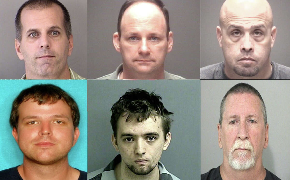 Gregg Carl Baird, Dennis Patrick Meehan Hughes, Matthew Kirk Irwin, Louis Clifford Smith, Jacob Riley Garner and John Christopher Ferguson (clockwise from top left) were arrested in a child porn sting called Operation Pacifier and charged in a Houston federal court.