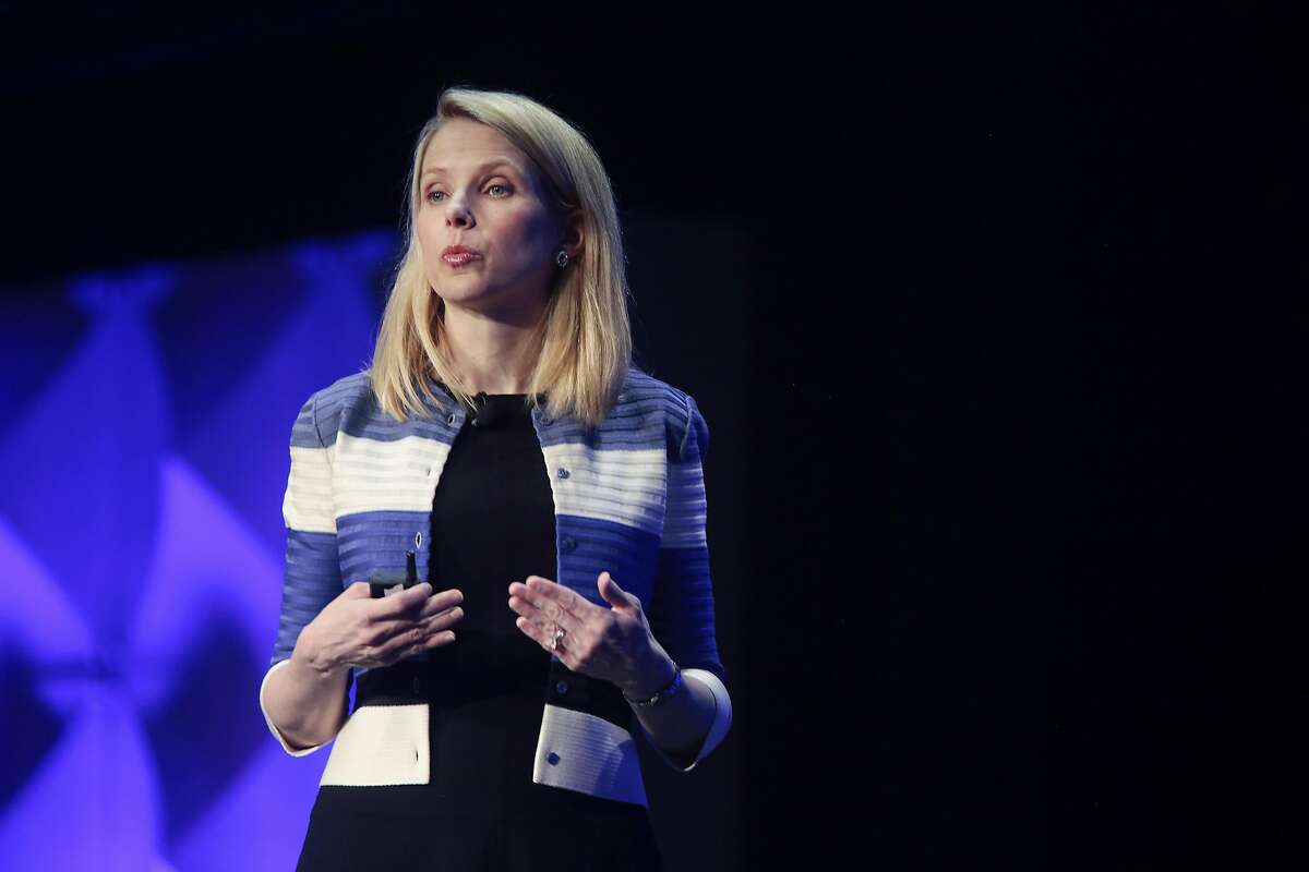 Marissa Mayer, chief executive of Yahoo, speaks at the Yahoo Mobile Developers Conference in San Francisco, Feb. 18, 2016. The Daily Mail, a British tabloid newspaper and website, confirmed on Monday that it had discussed with other investors a potential bid for assets of Yahoo. (Ramin Rahimian/The New York Times)