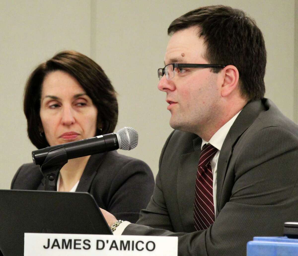 James D'Amico, the school distirct's director of secondary education who takes over the job as Staples High School principal later this spring, discusses the impact of students' social media use at Monday's Board of Education meeting.