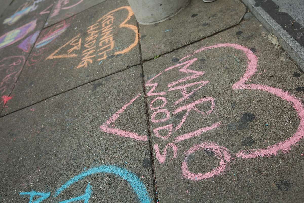 Demonstrators chalked up the ground outside Hall of Justice in protest of alleged police brutality and those killed by police officers, Friday, Dec. 18, 2015, in San Francisco, Calif. Mario Woods was shot an killed by police officers after police say he walked toward officers with a knife.