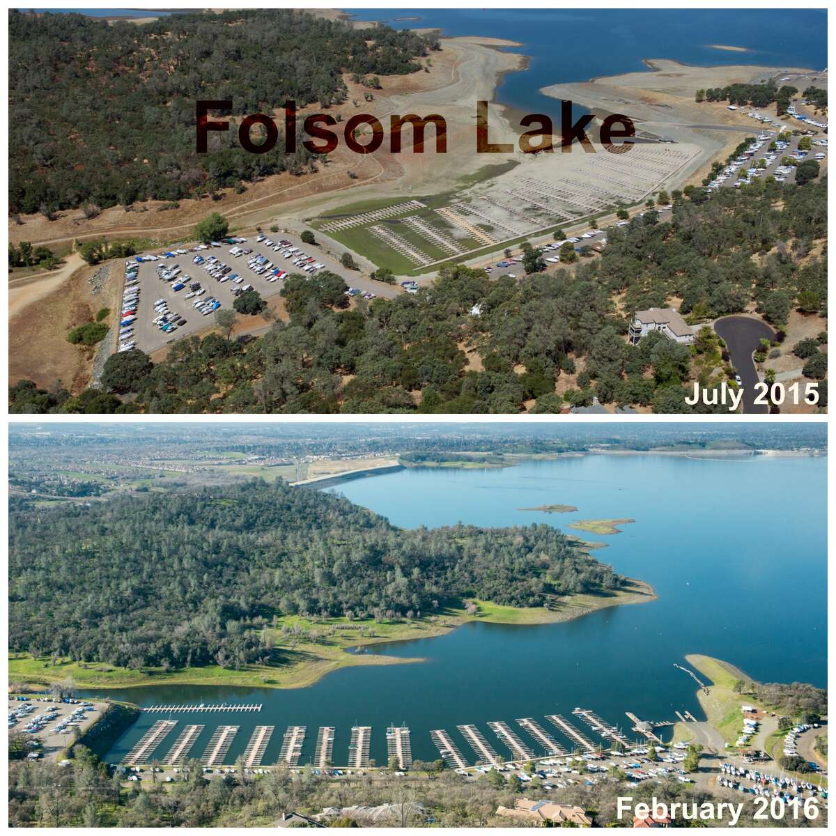 Folsom Lake Top: Aerial view of Folsom Lake Marina (a.k.a. Browns Ravine Marina), showing low water level (drought conditions). One of the largest inland marinas in California, it is located in Browns Ravine at Folsom Lake State Recreational Area. The Marina is located at the south end of the lake and has an earth filled break wall protecting it from the main lake. (Paul Hames) Bottom: A southwest view of Folsom Lake Marina and Browns Ravine Cove in El Dorado Hills, Calif. February 25, 2016. On this day, the water storage was 616,340 acre feet, 63% of total capacity, and 114% of historical average for this date. Folsom Lake is a reservoir in Northern California about 25 mi (40 km) northeast of Sacramento in Placer, El Dorado, and Sacramento Counties. (Florence Low)