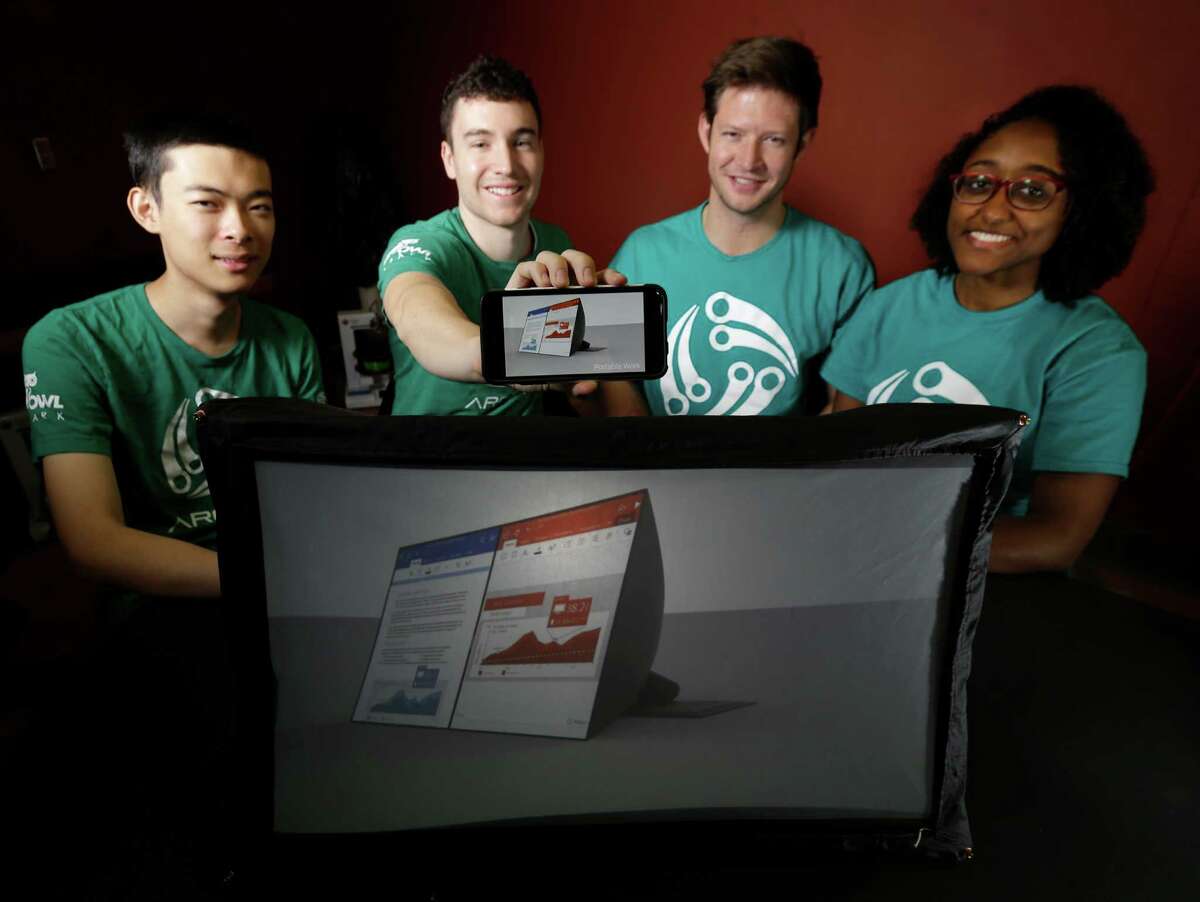 ﻿George Zhu, Alexander Wesley, Jake Herzig and Jasmine Richards created a 24-inch screen that collapses to a paperback's size. ﻿