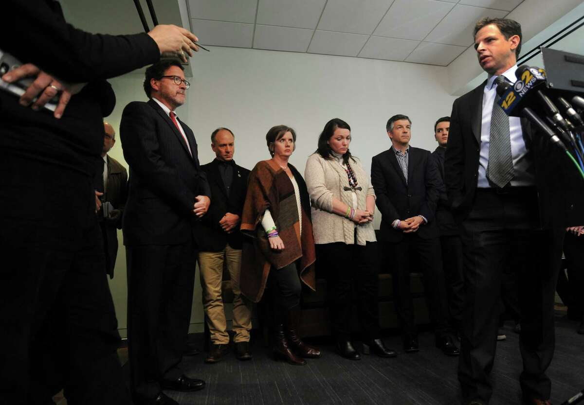 Attorney Joshua Koskoff and the Sandy Hook families that are suing the gun maker for providing the AR-15-type Bushmaster held a press conference at Koskoff, Koskoff & Bieder in Bridgeport, Conn. on Monday, Feb. 22, 2016. Superior Court Judge Barbara Bellis ruled Thursday that a lawsuit by the families of the Sandy Hook Elementary School victims could proceed against the manufacturer of the military-style rifle used to kill the 20 first graders and six adults in December, 2012.