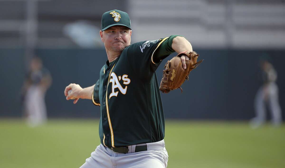 Ryan Madson, 44 throws during Oakland Athletics spring training workouts at the Lew Wolff Training Complex in Mesa, Arizona on Saturday February 27, 2016.