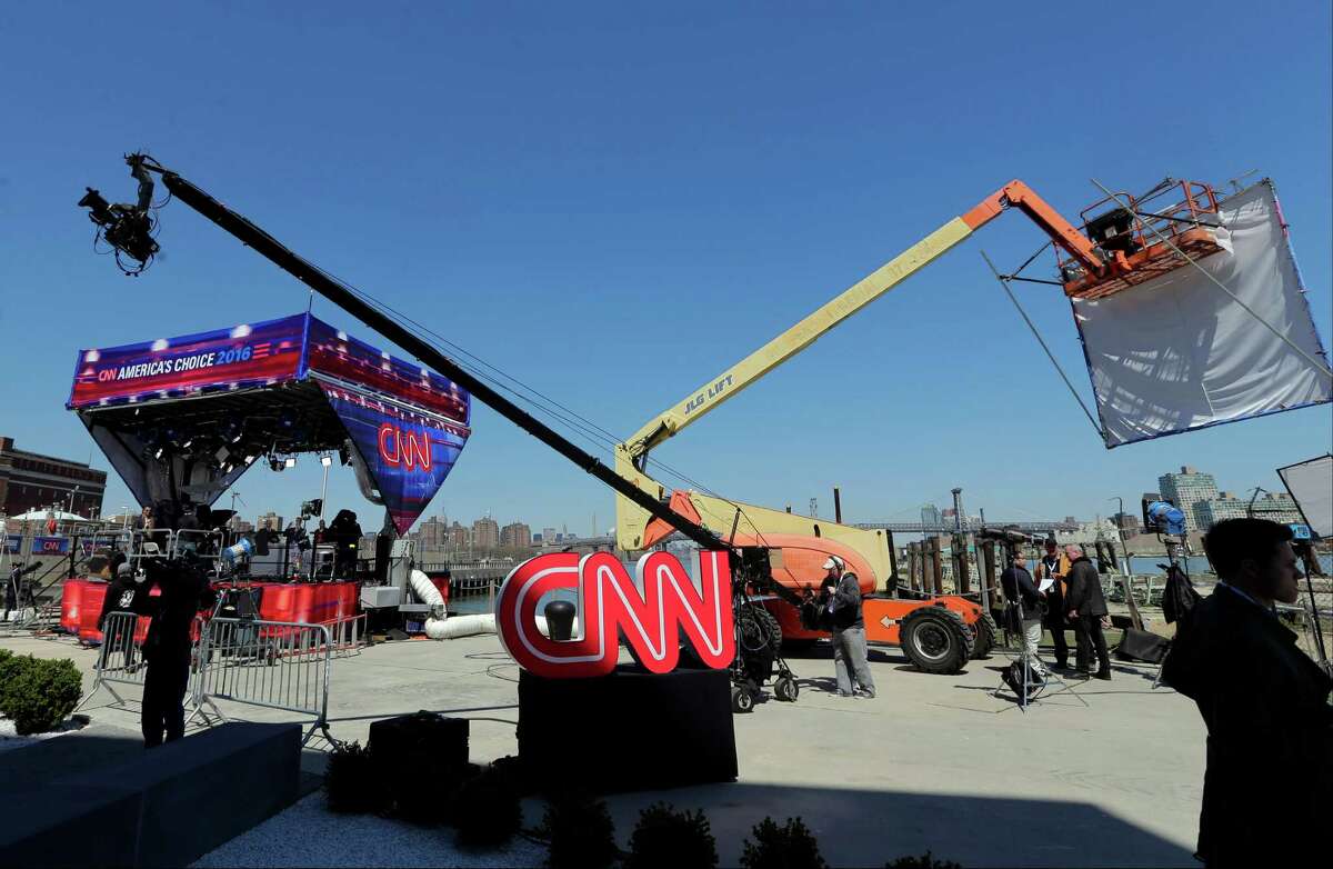 Preparations continue for the CNN Democratic presidential primary debate for Sen. Bernie Sanders, I-Vt, and Hillary Clinton at the Brooklyn Navy Yard Thursday, April 14, 2016, New York. (AP Photo/Frank Franklin II) ORG XMIT: NYFF101