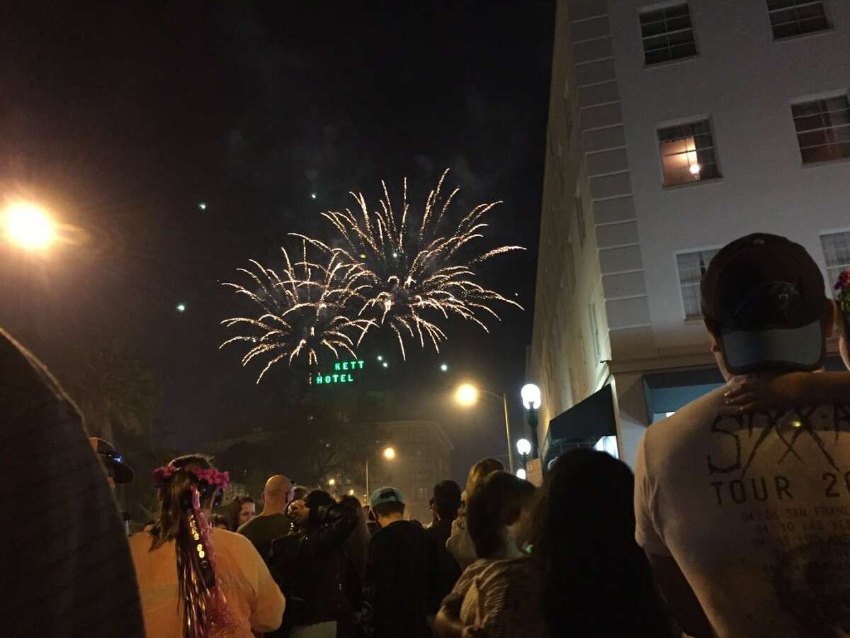 Awe-inspiring fireworks over Crockett Hotel to start Fiesta in fine form on April 14, 2016.