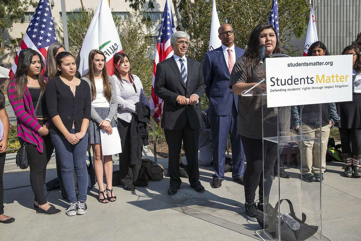 FILE -- Raylene Monterroza, a student plaintiff, speaks at a news conference outside the Superior Court of Los Angeles County on the opening day of Vergara v. California, in Los Angeles, Jan. 27, 2014. A battle over the future of teacher tenure in California moved to an appeals court in Los Angeles on Thursday, Feb. 25, 2016, where student plaintiffs argued that the state’s job protections for teachers deprived them of a quality education. (Monica Almeida/The New York Times)