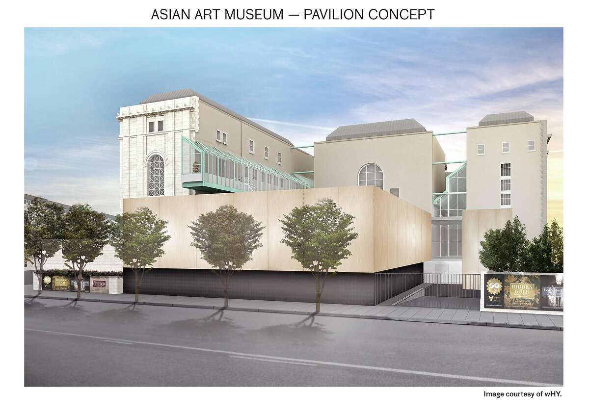 Architect's concept of the volume that would be occupied by the planned addition to the Asian Art Museum, viewed from Hyde St.