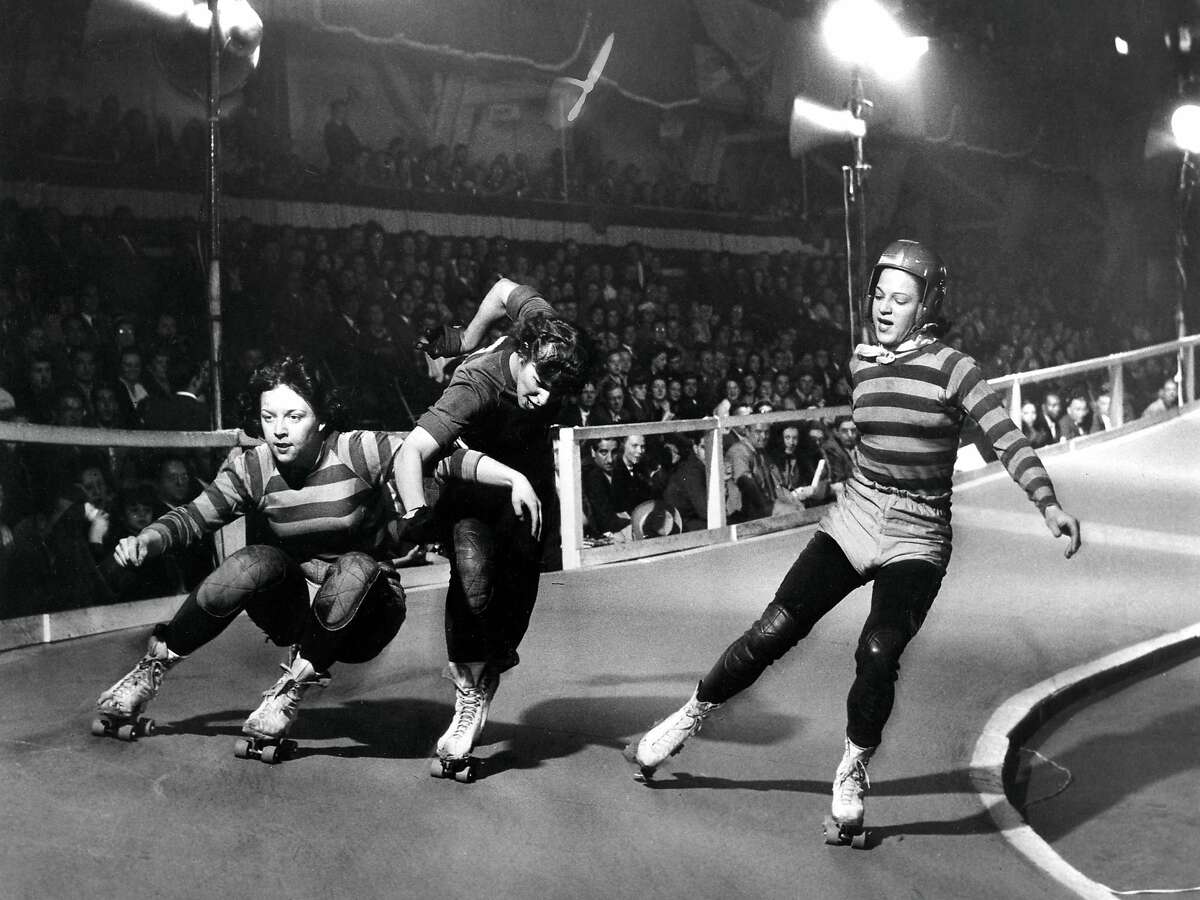 Roller Derby at the Cow Palace. Likely from the late 1940s or 1950s.