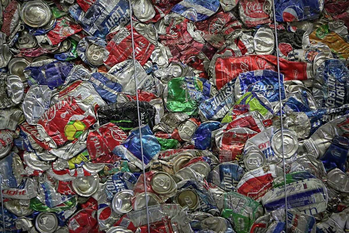 A bale of aluminum cans at Texas Disposal Systems’ materials recoveryg facility, or MRF, on the site of their landfill in Creedmoor. It’s unusual for a landfill to also host a MRF, but it allows TDS owners to hold onto metal and other recyclables until commodities prices rise.