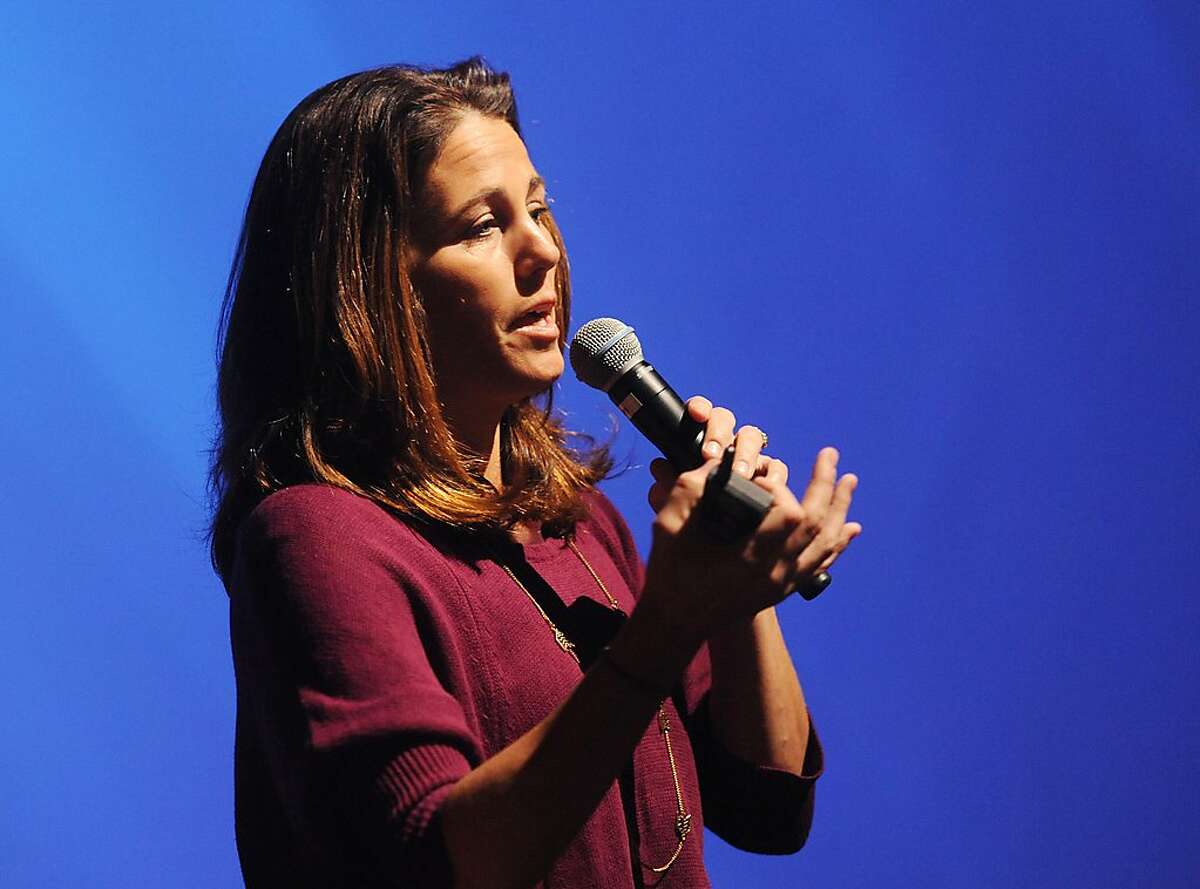 Julie Foudy, a captain of the World Cup-winning U.S. women's soccer team, speaks at Greenwich Academy in Greenwich, Conn. Thursday, April 2, 2015. Foudy spoke about valuable lessons she has learned through her successful career in sports and how those lessons apply to everyday life.
