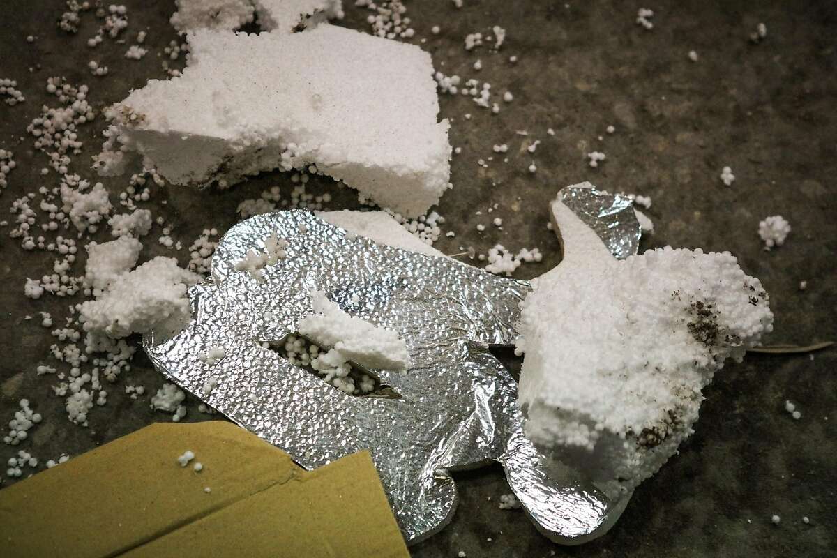 A piece of styrofoam, which is falling apart sits on the floor of the Recology Center in San Francisco, California, on Wednesday, April 13, 2016.