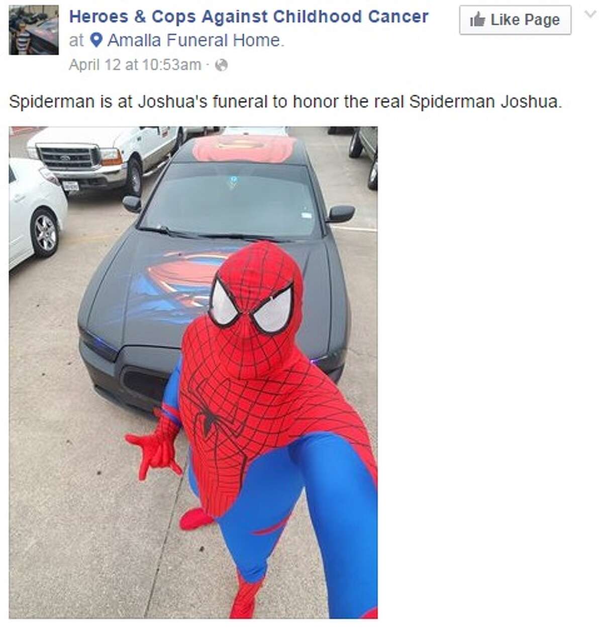 FWPD office Damon Cole at Joshua Garcia's funeral, dressed as Spider-Man, the child's favorite superhero.