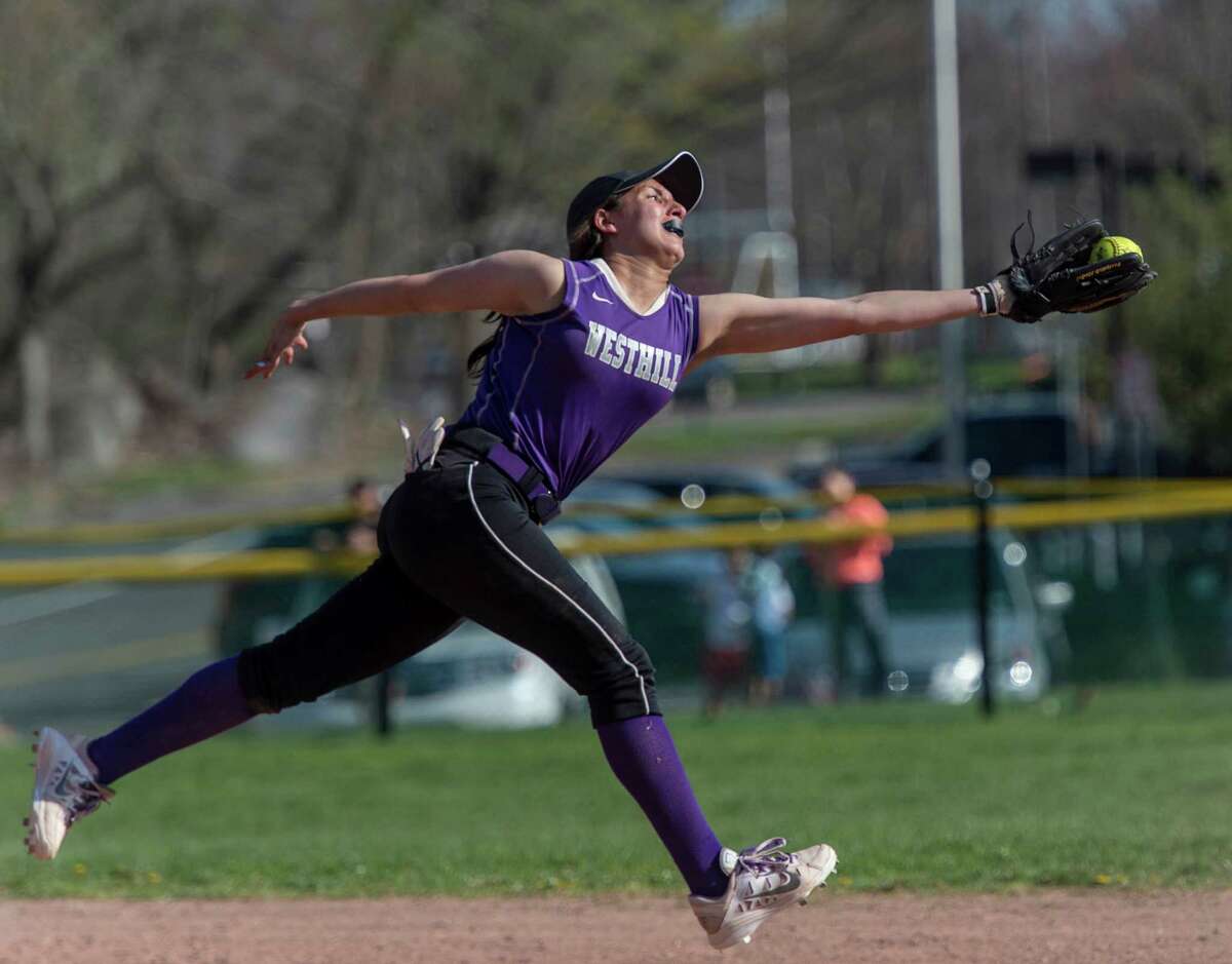 Westhill shortstop Gabby Laccona snares a line drive during Tuesday’s 8-1 win over Warde. In addition to stellar defense, Laccona drove in two runs.