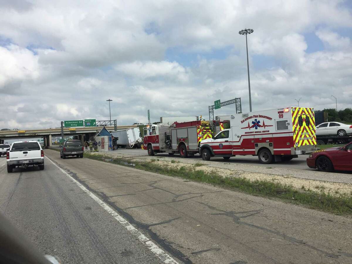 Two tractor trailers overturned on I-10E near the 410 cloverleaf on the east side.